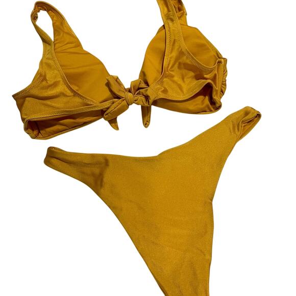 New Golden Mustard Yellow Front and Back Tie High Leg Bikini set Size Large - Picture 2 of 3